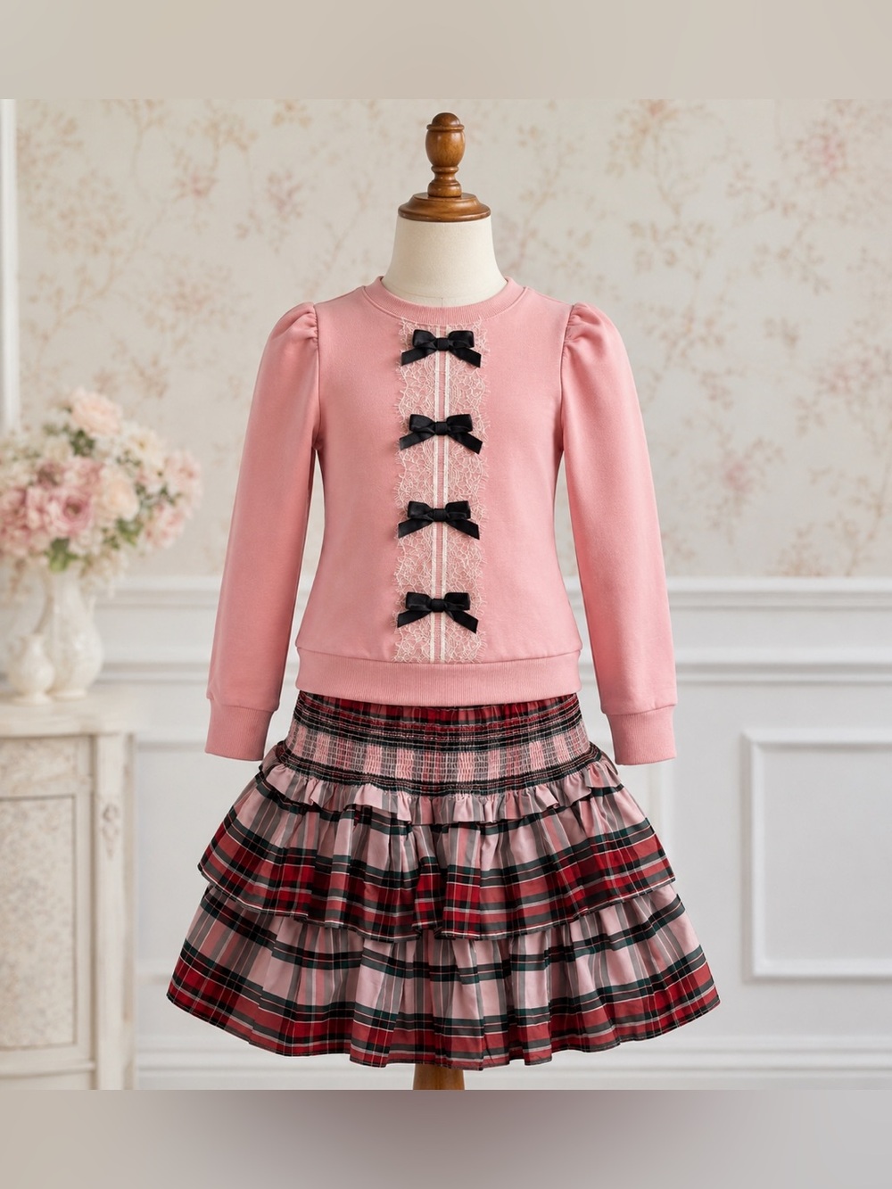 American Girl Pink Girls' Bow Detail Sweatshirt and Plaid Ruffle Skirt Set